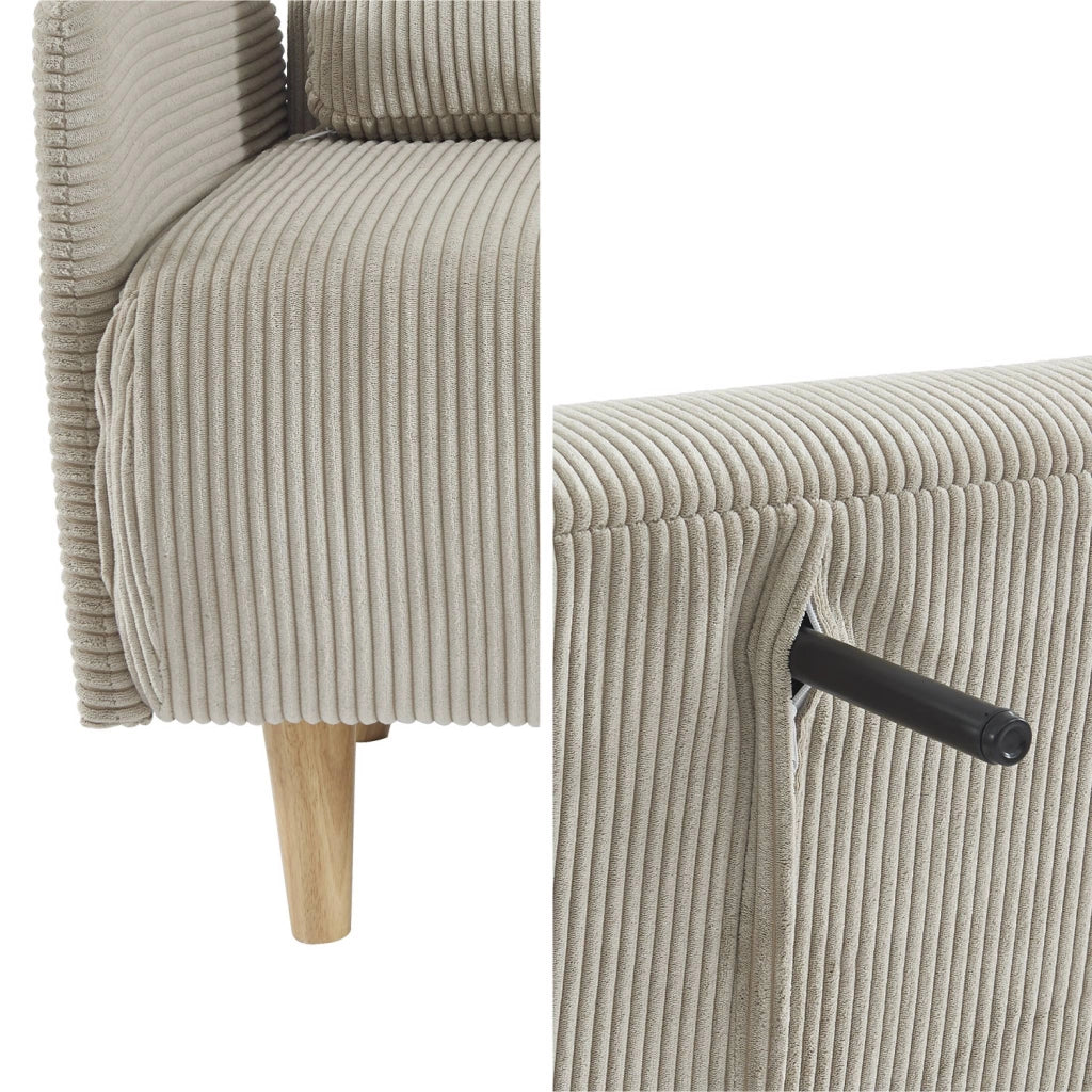 Divano letto in velluto a coste con gambe in legno, 2 posti, beige