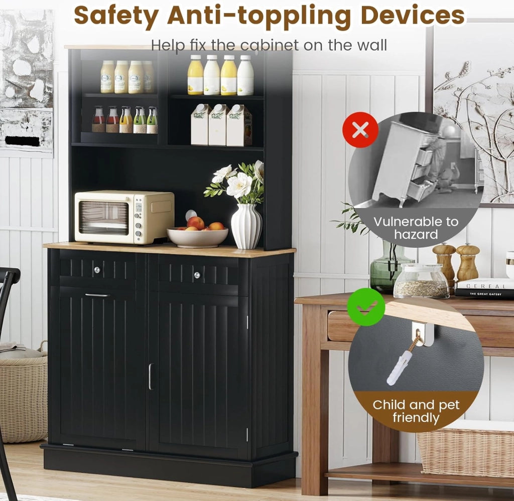 Credenza Alta da Cucina con Supporto per Bidoni della Spazzatura, Mobile Cucina Dispensa con Piano di Lavoro in Legno di Gomma, 2 Cassetti, Armadietto Buffet con Ripiani Regolabili (Nero)