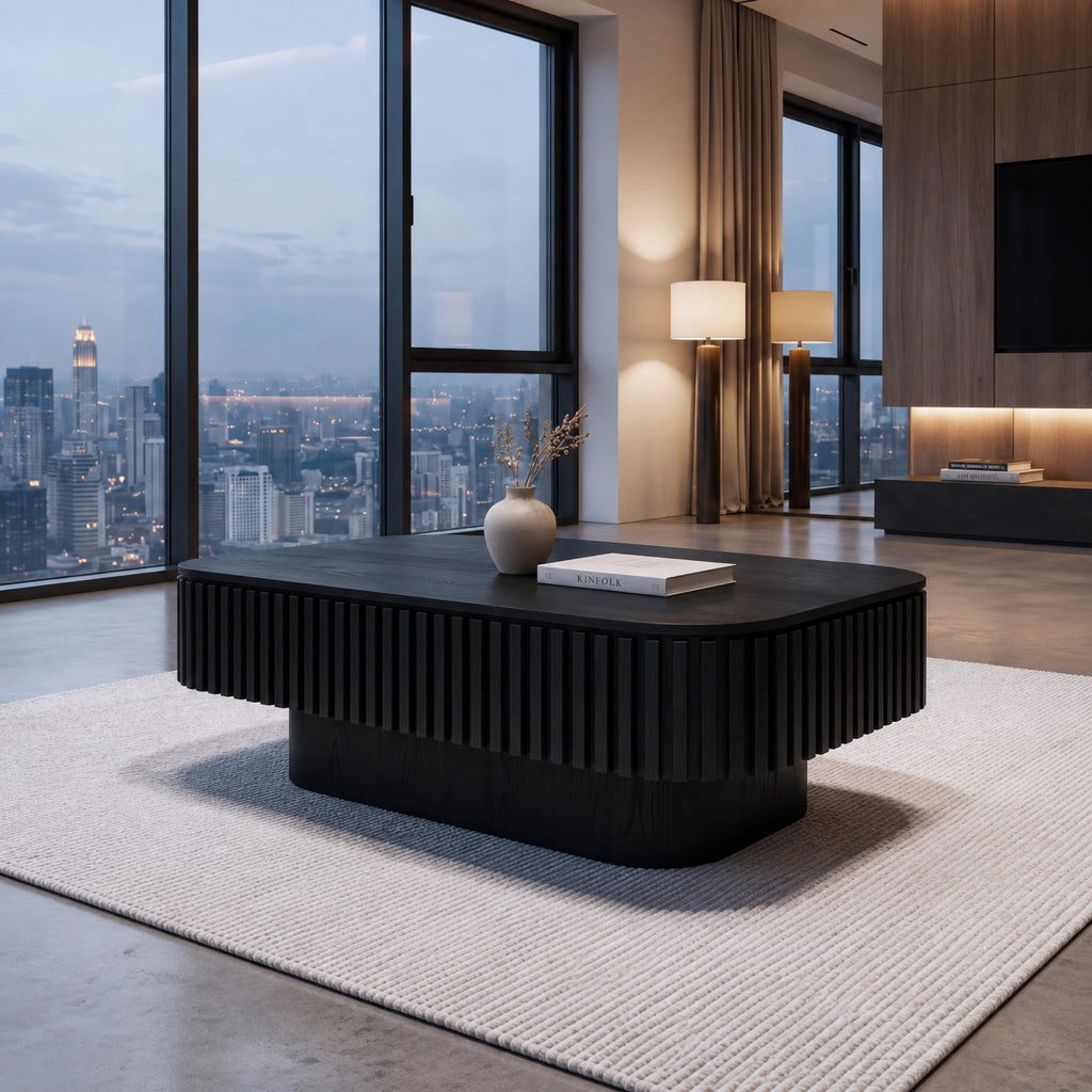 Tavolino da salotto 98 cm; coffee table with hidden storage e coperchio rimovibile; MDF e legno; nero