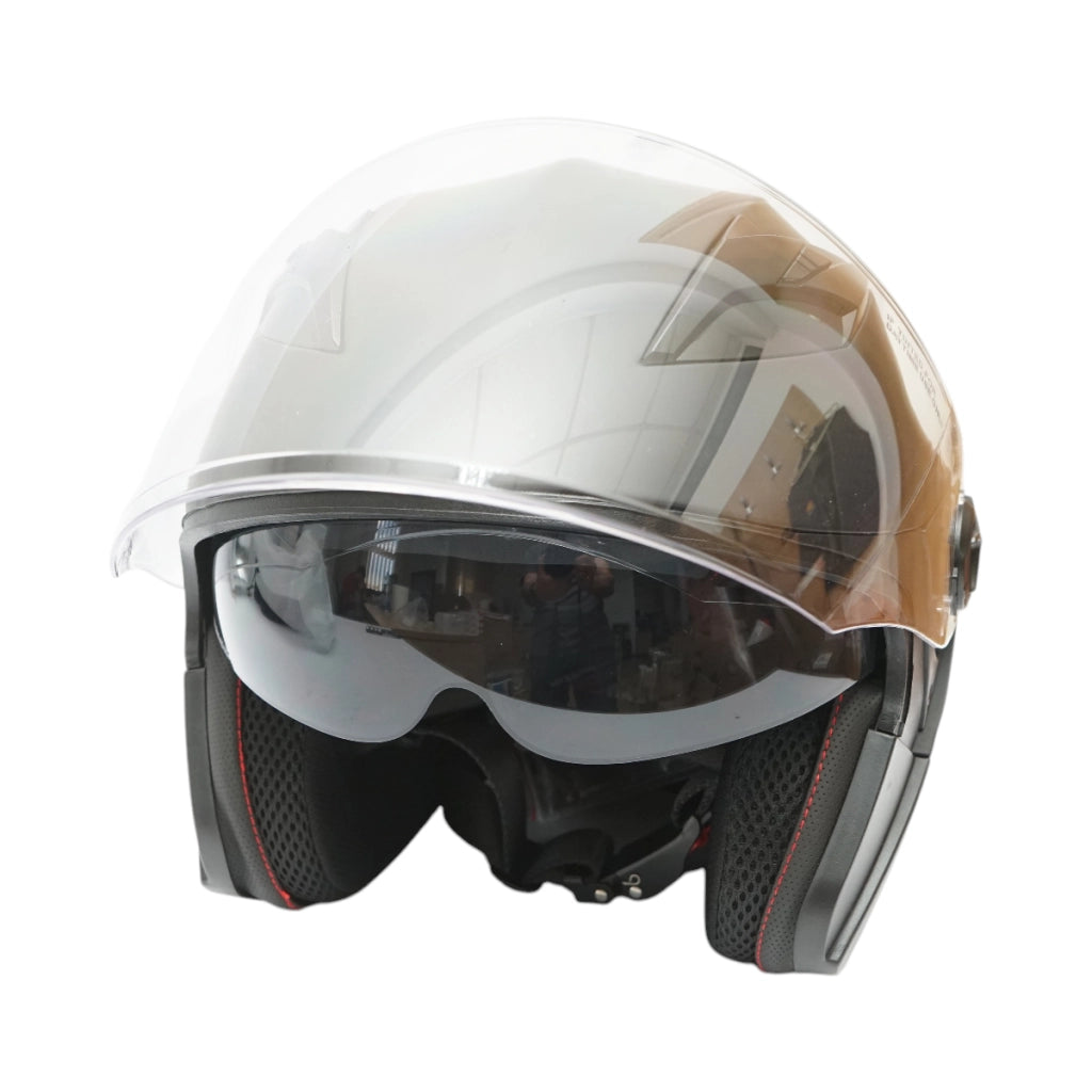 Casco da moto jet nero, modello urbano con visiera trasparente e occhiali da sole, taglia L
