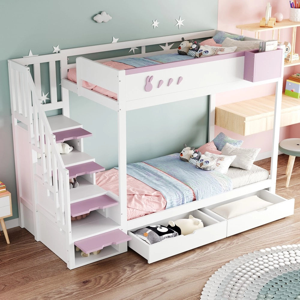 Letto a Castello Singolo con Cassetti e Doghe ¨C MINIMAL ¨C Bianco e Rosa, 90x200