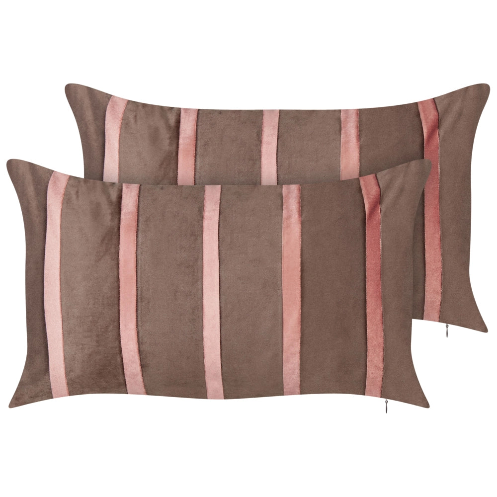 Set di 2 cuscini in cotone marrone ricamati con motivo a strisce 35 x 60 cm morbida imbottitura