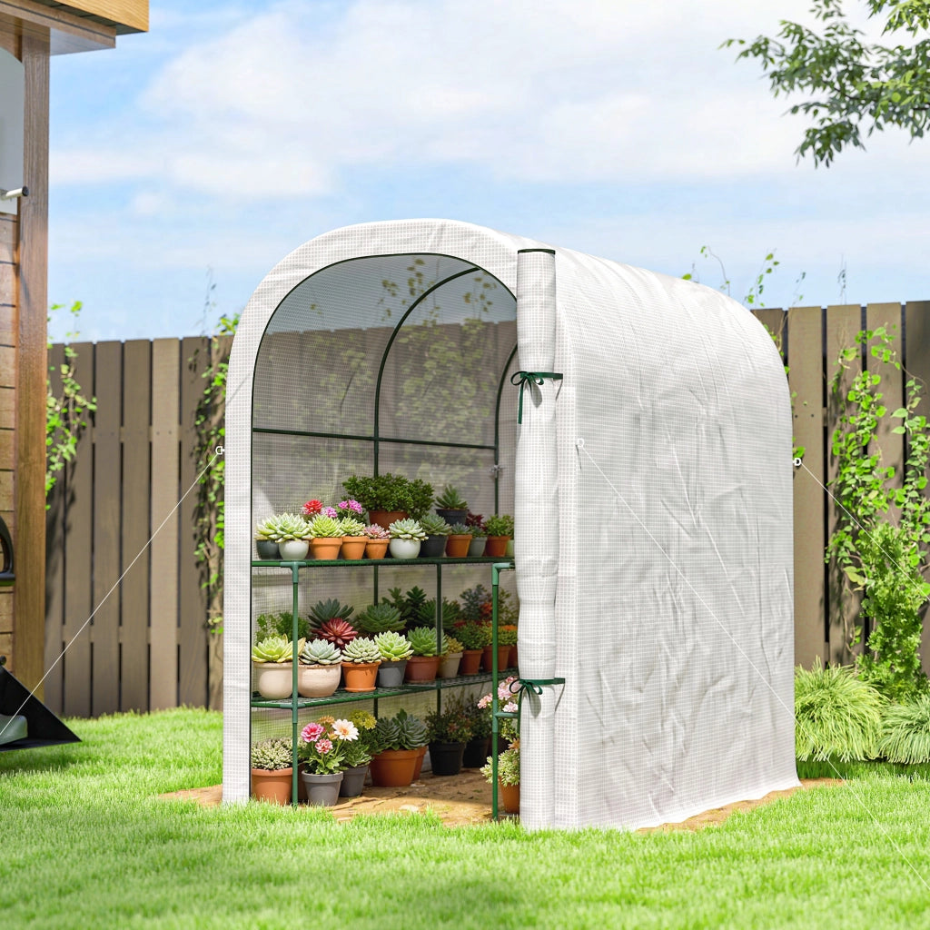 Serra da Giardino 123x187x189 cm con Scaffali a 2 Livelli e Porta Avvolgibile in Acciaio e PE Bianco