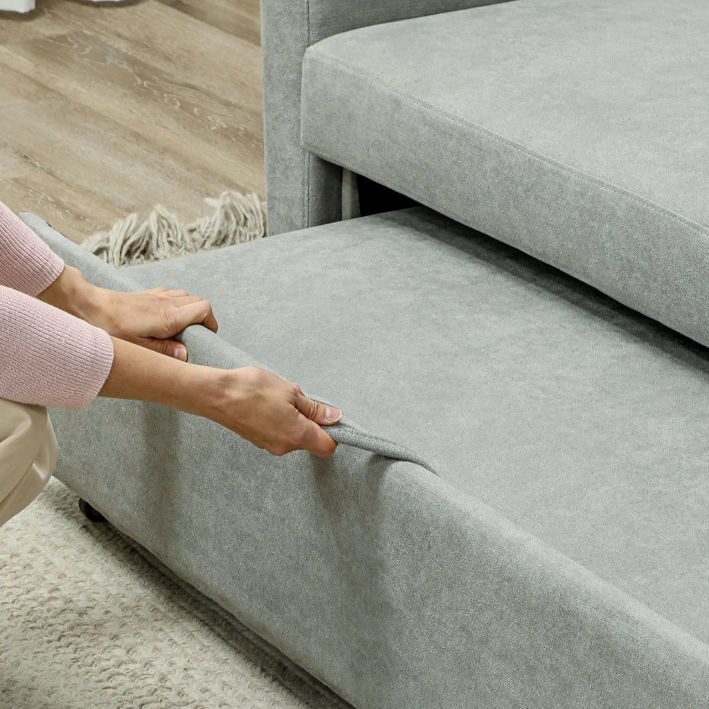 Divano letto 2 posti con schienale regolabile e cuscini vano contenitore in tessuto grigio chiaro 155 × 90 × 88,5 cm