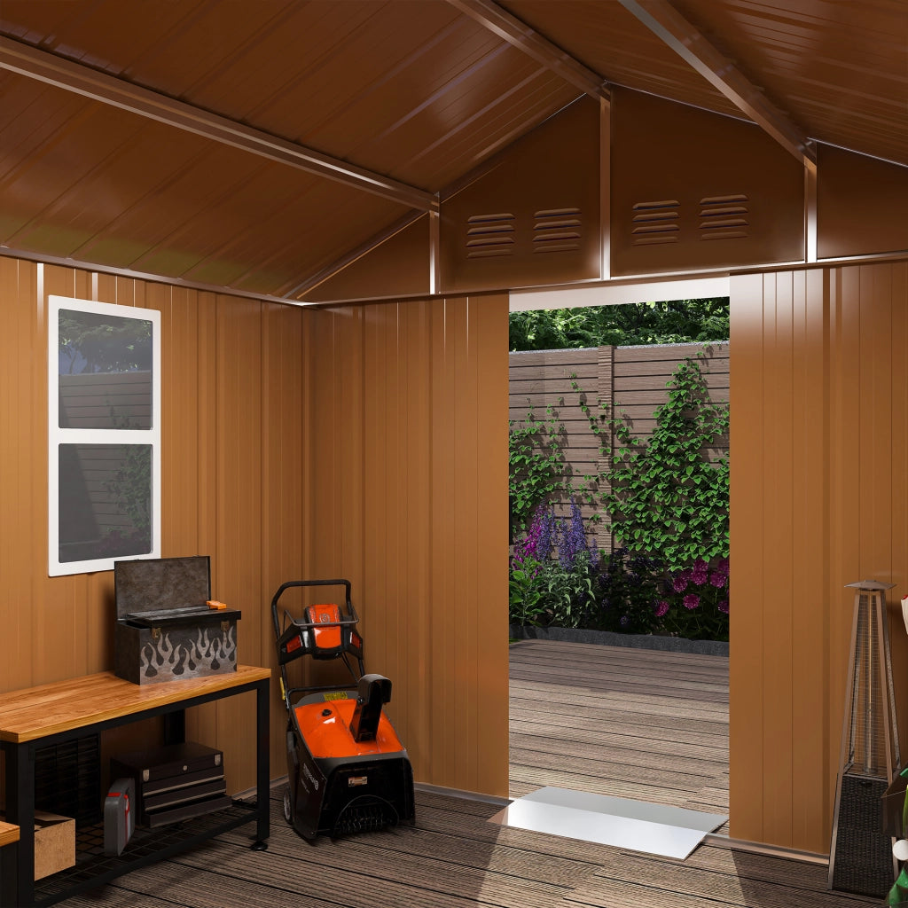 Casetta da giardino in metallo con doppia porta scorrevole, aerazione e tetto a due falde marrone 180 × 96 × 194 cm