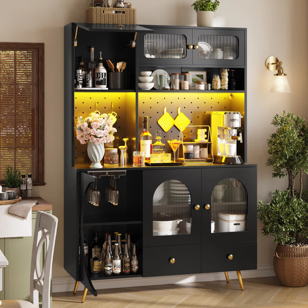 OKWISH Credenza alta da cucina con scaffali, 1 cassetto e vani aperti, LED, prese e porte USB, 120×40×176 cm