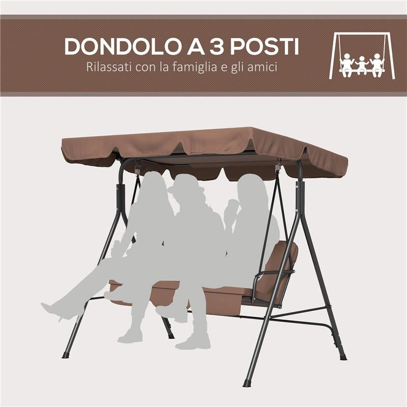 DONDOLO DA GIARDINO A 3 POSTI CON TETTUCCIO PARASOLE INCLINABILE E CUSCINI, 172X110X153 CM, MARRONE E NERO