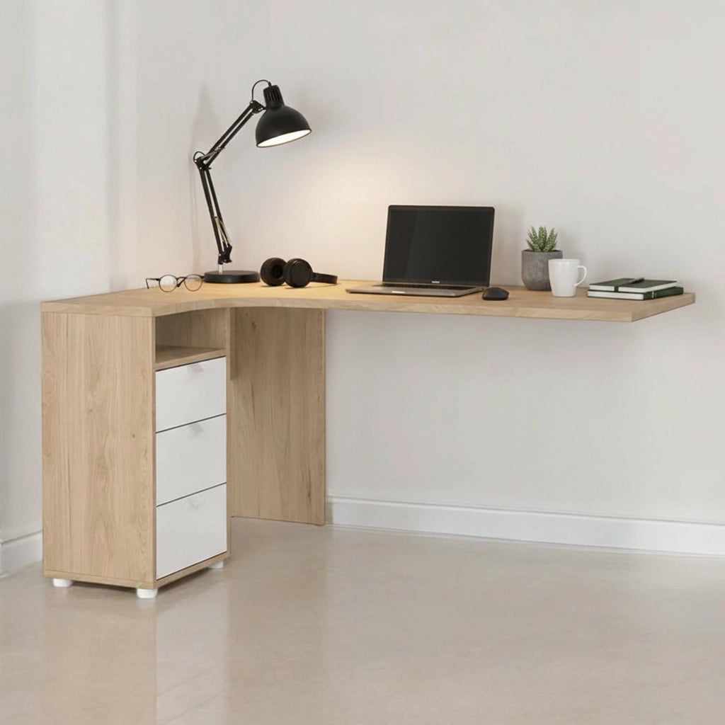 Scrivania Peipah, Scrittoio multiuso, Tavolo per ufficio porta PC, Piano di lavoro, 150x100 h76 cm, Rovere e Bianco