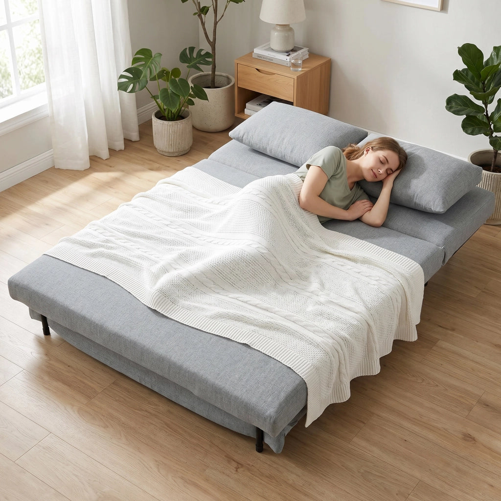Divano Letto 2 Posti 135x90x78 cm con 2 Cuscini Struttura in Legno e Acciaio in Tessuto Effetto Lino Grigio Chiaro
