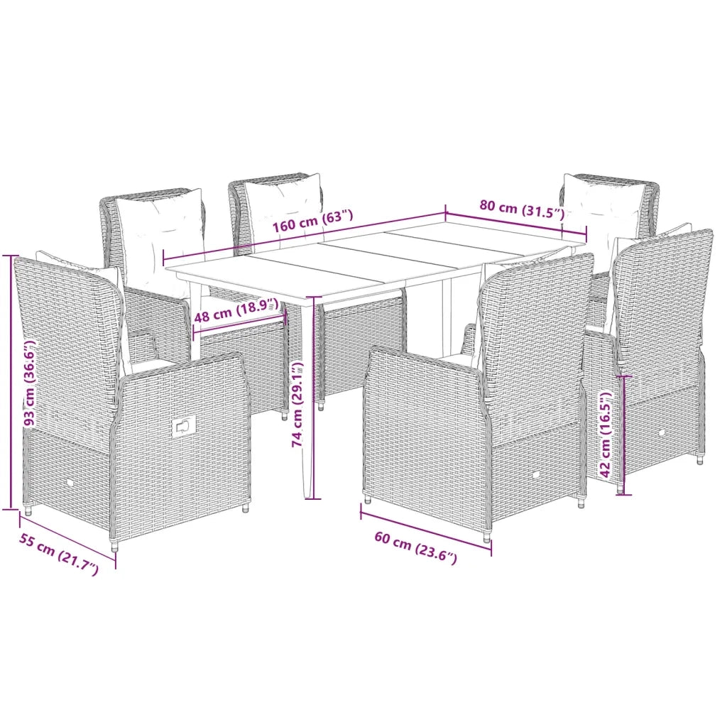Set da Pranzo da Giardino 7pz con Cuscini in Polyrattan Marrone 3262844