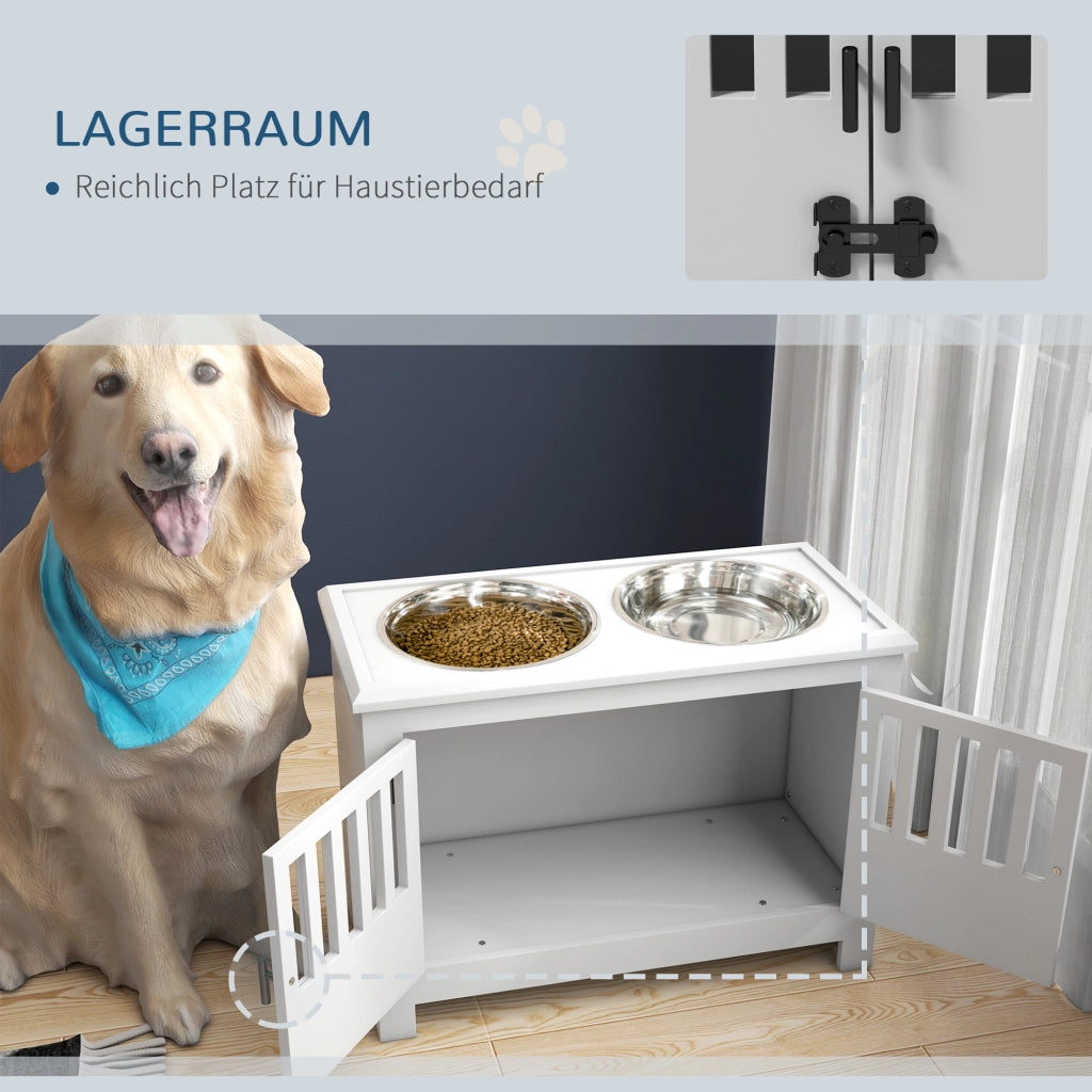 Stazione di alimentazione rialzata per cani di taglia grande con 2 ciotole in acciaio inossidabile e vano di stivaggio ¨C Minimal ¨C Bianco 35.5x60x30 cm