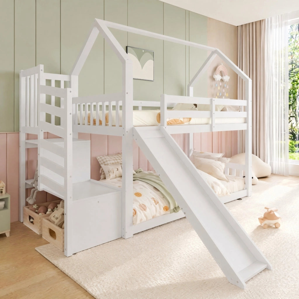 Letto a castello a casetta con scivolo e scala contenitore 90x200 cm; bianco