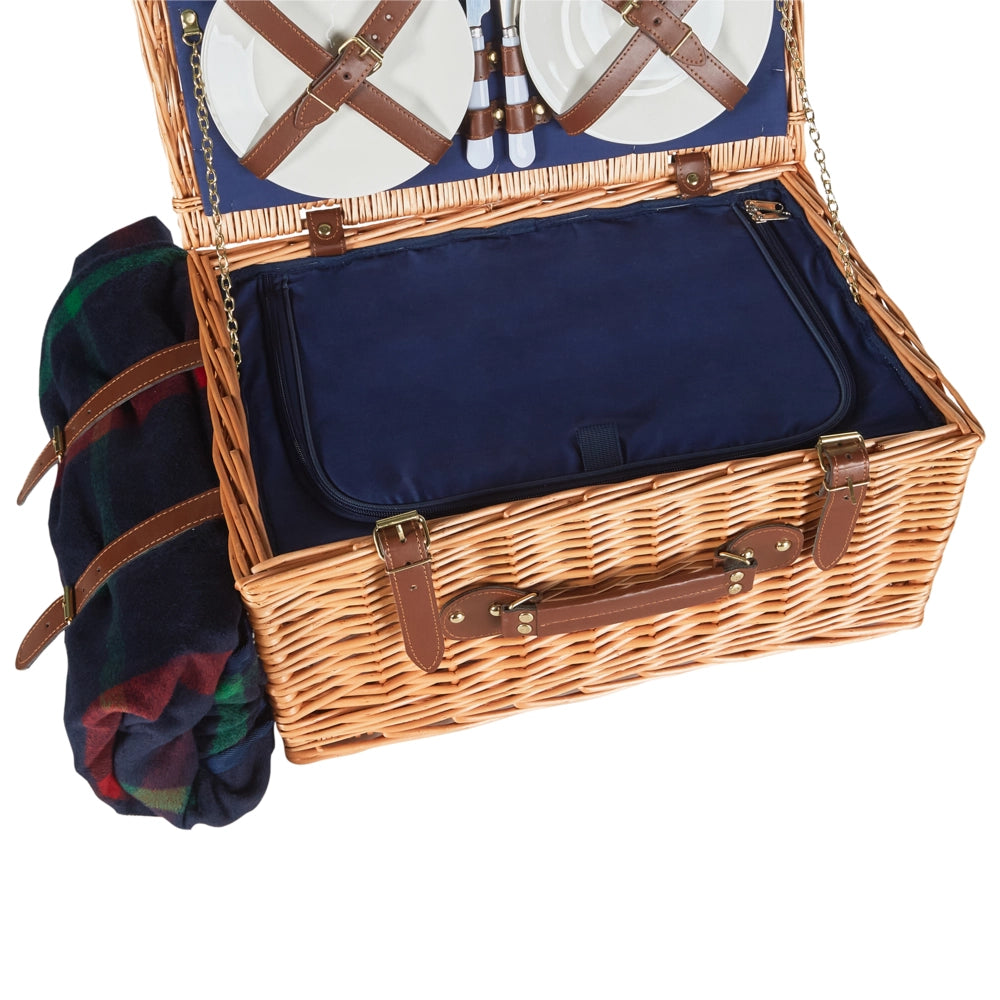 Cesto da picnic per 4 persone in vimini naturale e grigio con set di posate, piatti, bicchieri da vino e borsa termica con cavatappi Coperta inclusa Finitura