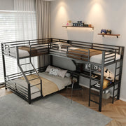 Letto a castello triplo in metallo nero con scrivania e prese USB