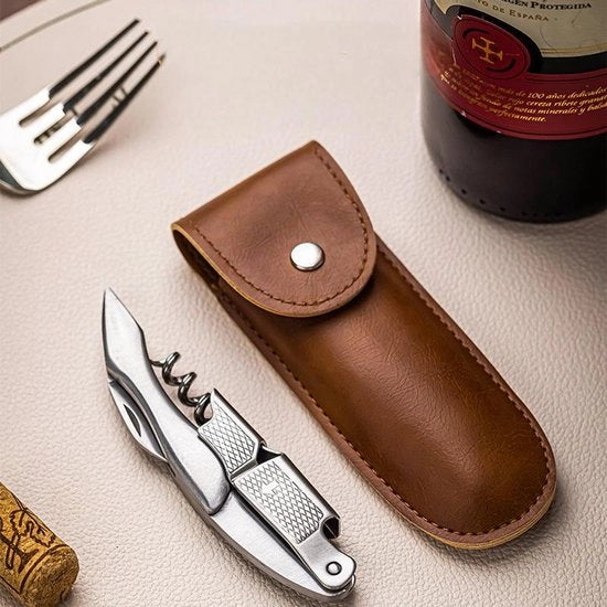 Apri vino con cavalletto, apri vino con cavalletto in acciaio inox con fodero in pelle, apri vino professionale, argento 

Nota: ho rimosso il riferimento al colore "zilver" per mantenere la traduzione neutrale.