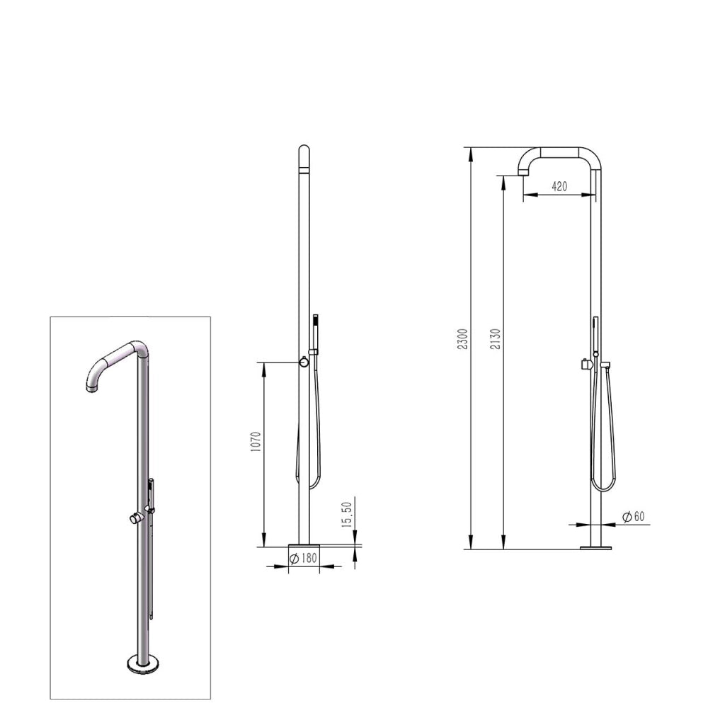 MPC Doccia da Esterno per Piscina e Giardino inox in Acciaio Inox 316L con Miscelatore Caldo-Freddo Getto Laminare Antischizzo e Doccetta Manuale MX1017-INOX