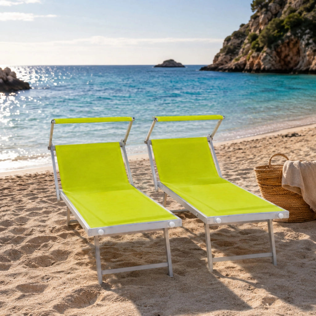 Set 2 Lettini Prendisole Pieghevoli Professionali In Alluminio Leggero Con Tettuccio Parasole Regolabile Sdraio Relax Mare Spiaggia Piscina Giardino Terrazza 182 x 60 x 38 Cm Verde Fluo