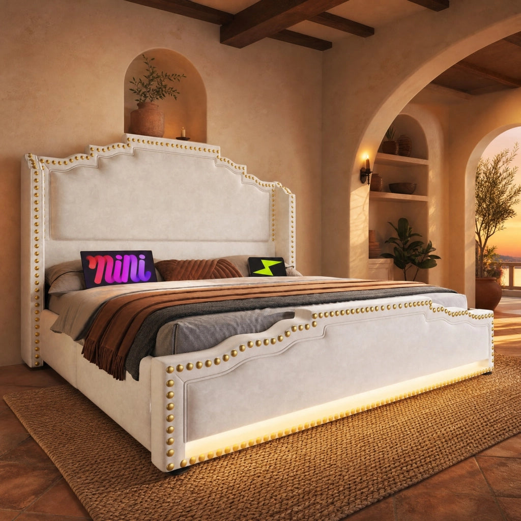 LETTO 160x200 cm in velluto beige con LED e porte USB/Type-C