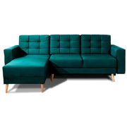 Divano letto angolare HASGARD 3 posti verde scuro 248x162 cm – con baule e piedi in legno