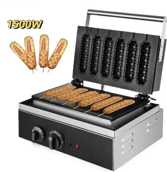 Wafel e Wurst Maker - Macchina per Hotdog - 6 Wurst - Superficie Antiaderente - Acciaio Inox - Nero