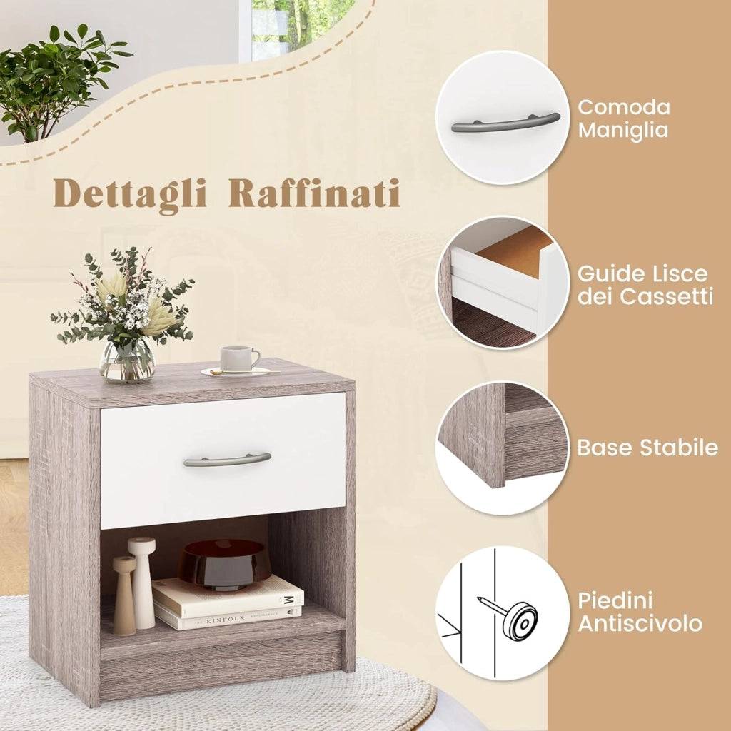 COSTWAY Comodino 38,5 x 28 x 40,5cm in Legno, Tavolino Salvaspazio con Scomparto Aperto e Casseto per Soggiorno e Camera da Letto (Naturale Chiaro+Bianco)