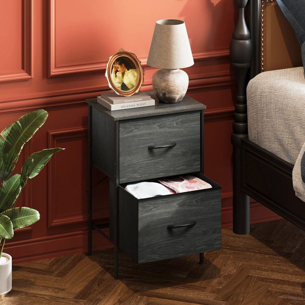 Comodino con 2 cassetti in tessuto ¨C zephmum ¨C Nero, Metallo