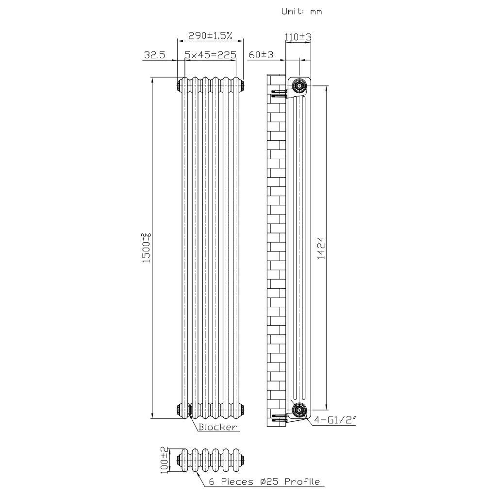 Radiatore 3 Colonne Verticale Metallo Grezzo 1500x290 mm