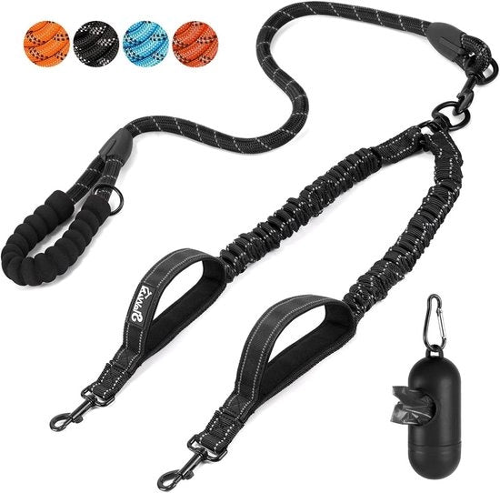 Racchetta per due cani con cinturino riflettente 360° rotativo e due maniglie imbottite