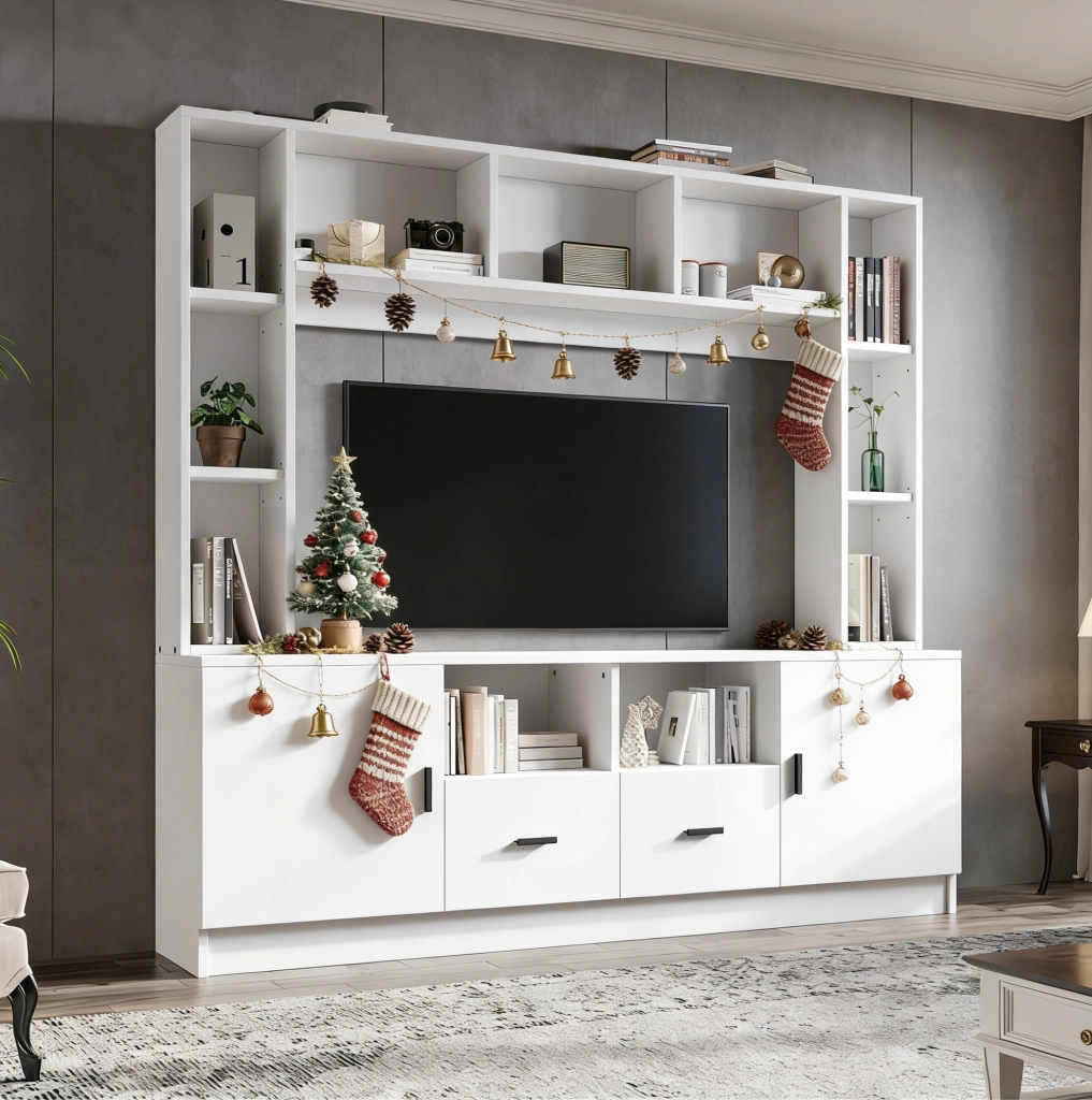 Mobile TV 180x35x170 cm con 2 armadi; 2 cassetti e 11 vani; bianco