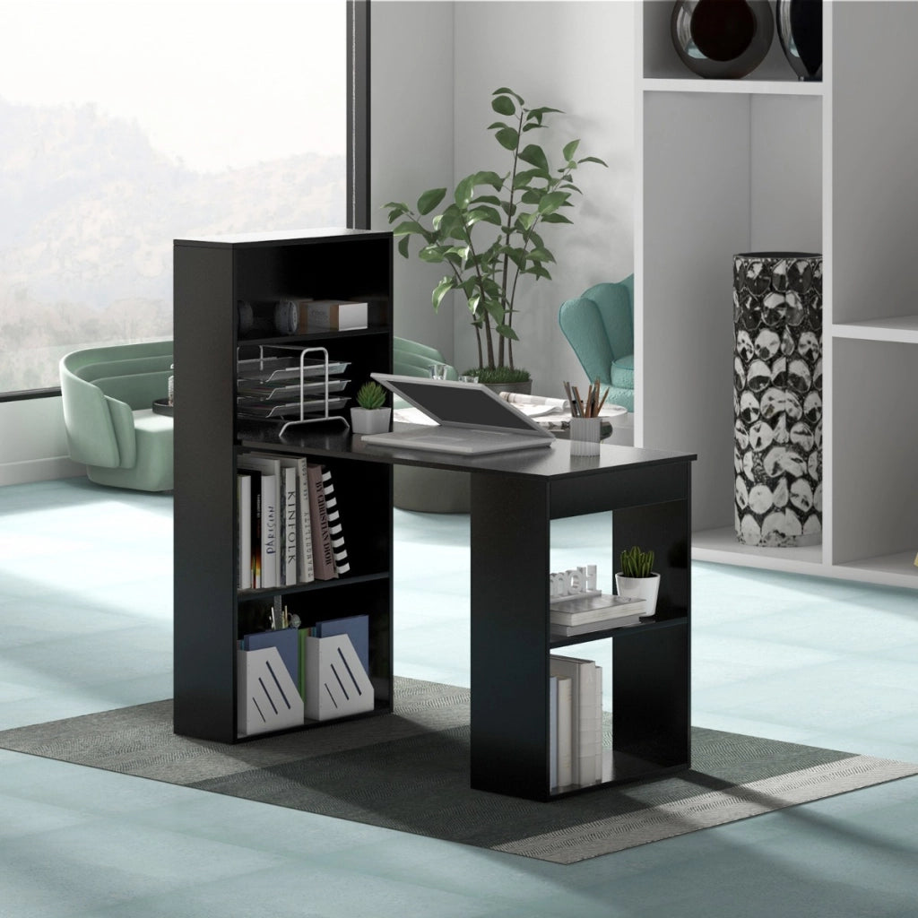 Scrivania per computer da 122cm con libreria, Postazione di studio moderna compatta con 6 ripiani Nero