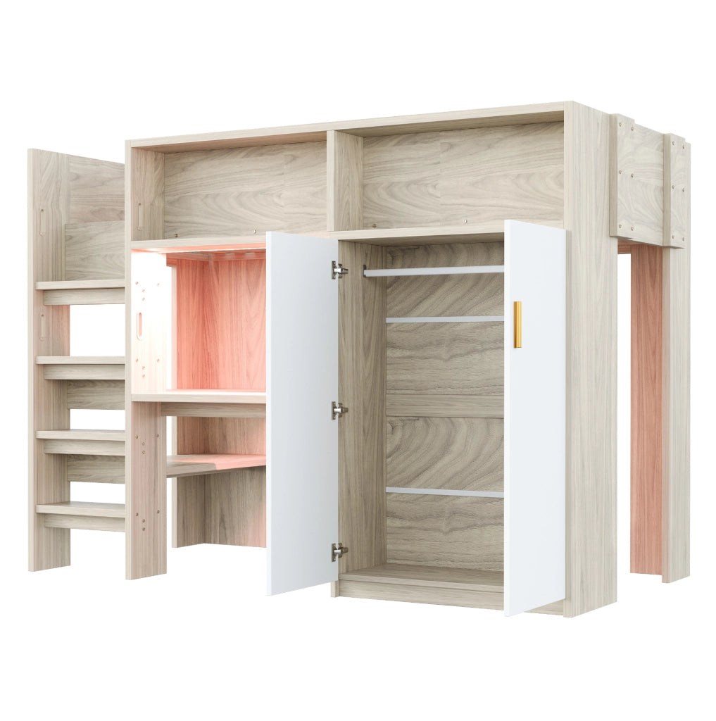 Hochbett multifunzionale 90x200 cm in legno naturale con scrivania; armadio; scaffali e LED