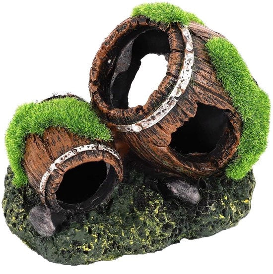 Decorazione per acquario - Vaso rotto - Decorazione in cera - Rifugio per Betta - 10x8x6cm - Verde/Marrone - Disegno doppio con finto muschio - Decorazione per acquario