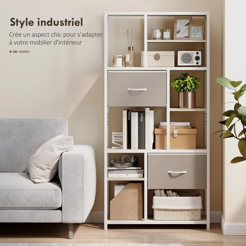 Libreria con 2 cassetti in tessuto e 9 ripiani aperti ¨C Zephmum ¨C Bianco 72.5x30x150 cm