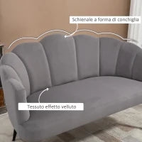 Divano 2 Posti in Velluto con Gambe in Metallo e Schienale a Conchiglia, 132x66x80cm, Grigio