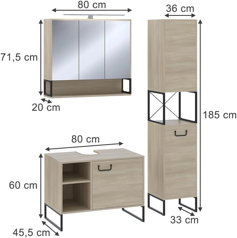 Set di mobili da bagno Vionna, Quercia/nero, 80 cm, composto da mobile sottolavabo, specchiera e mobile medio