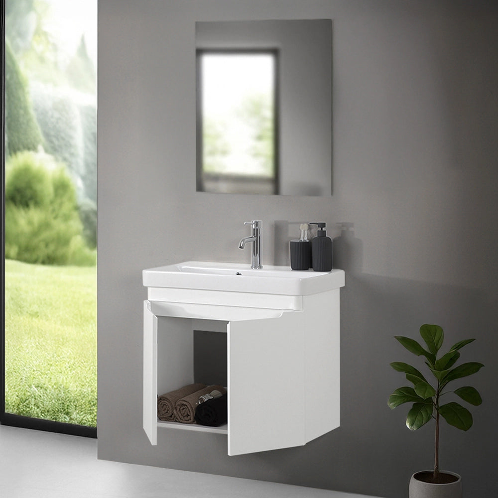Mobile bagno sospeso 70 cm bianco lucido salvaspazio con specchio Clip