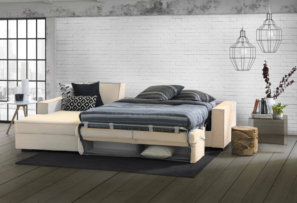 Albenga, Divano Letto con Penisola Sfoderabile Made in Italy, 260x95 cm Beige