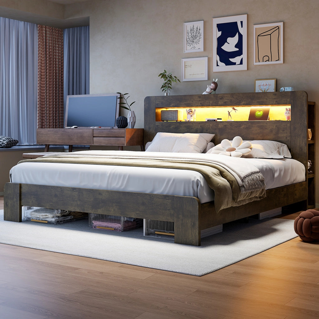 Letto con testiera matrimoniale 180×200 cm con ripiani; LED e prese; senza materasso; legno; vintage