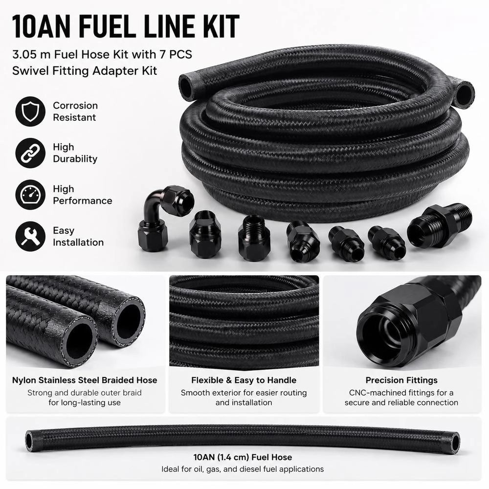 10-AN Fuel Line Set, 3048 Mm Fuel Hose Set, 13.97 Mm Nylon Stainless Steel Braided Fuel Line Oil/gas Hose End Fitting Set, 7-piece Swivel Joint Adapter Set