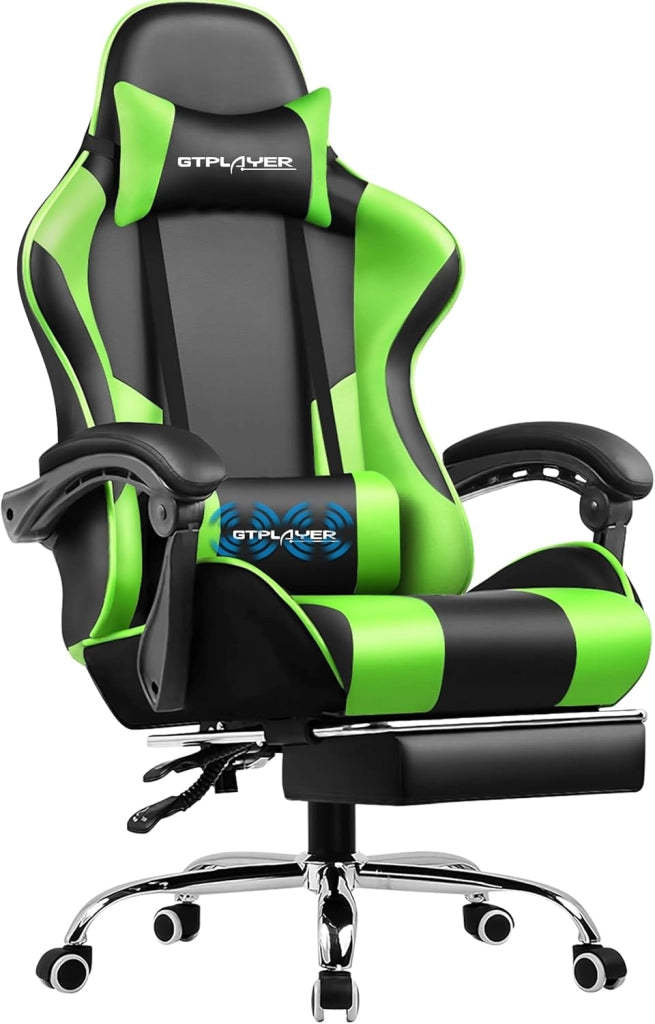 Sedia da ufficio, da gaming, da gaming, ergonomica, con poggiapiedi, poggiatesta, cuscino lombare, imbottito, sedia girevole verde