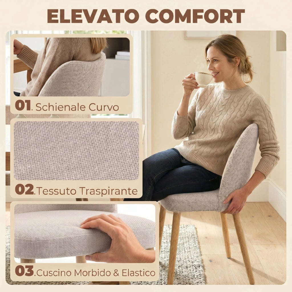 Set di 2 Sedie da Pranzo in Tessuto e Legno ¨C Minimal ¨C Crema