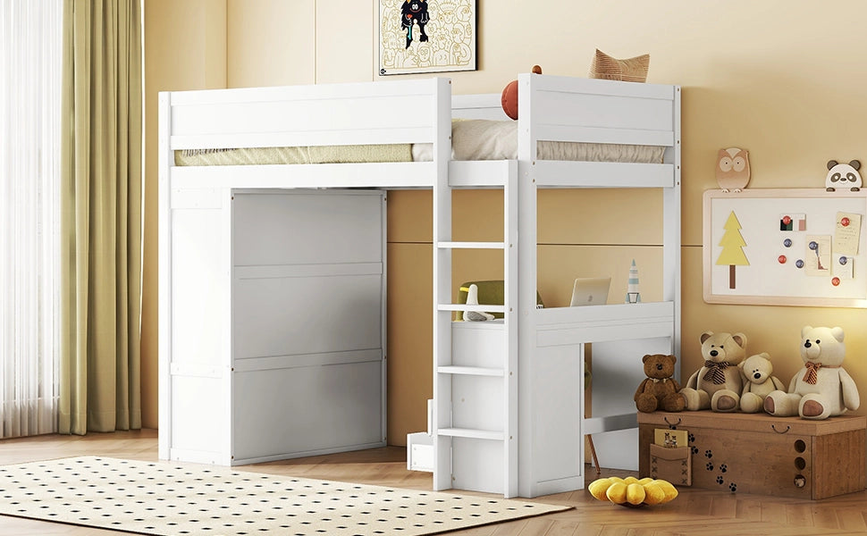 DESMIU Letto a soppalco bambino 90 × 200 cm con scrivania, armadio e 2 cassetti, senza materasso, in pino e MDF, bianco