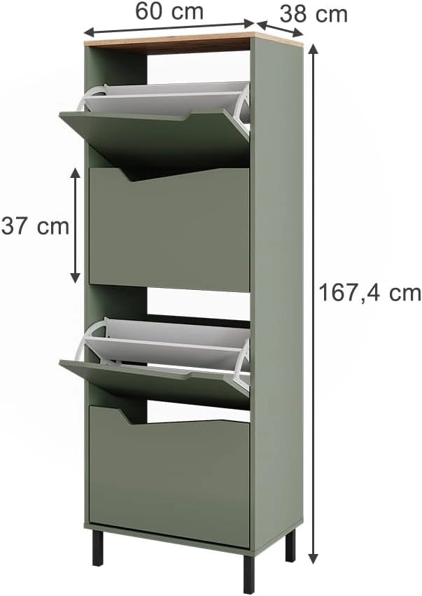 Scarpiera da ingresso Marelle, Verde/Artigianale, 60 x 167.4 cm con 4 scomparti, adatto per la conservazione e l'organizzazione delle scarpe