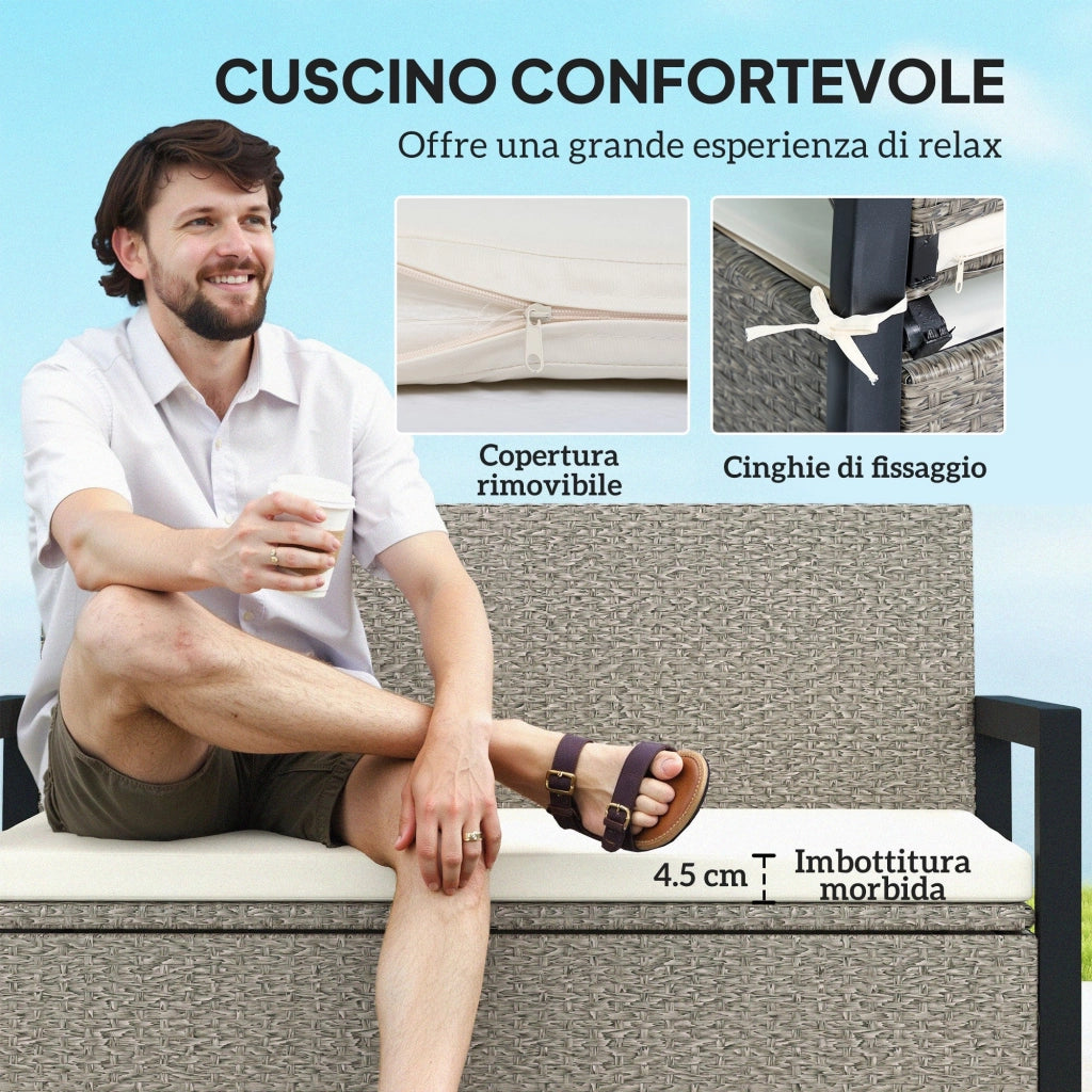 Panchina da Giardino 2 Posti 117x60x86 cm Contenitore da 151.5L in Rattan PE Crema