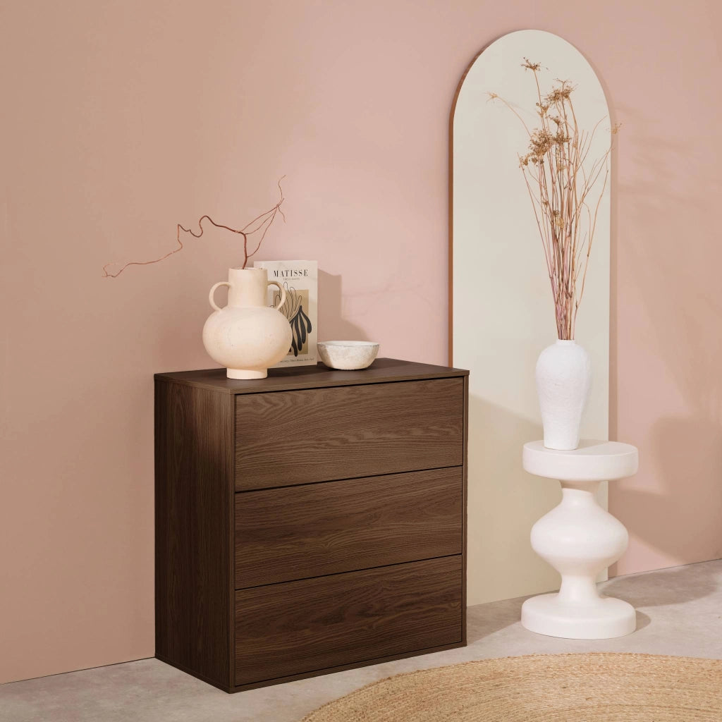 Modulo di stoccaggio decorativo in legno 3 cassetti, noce