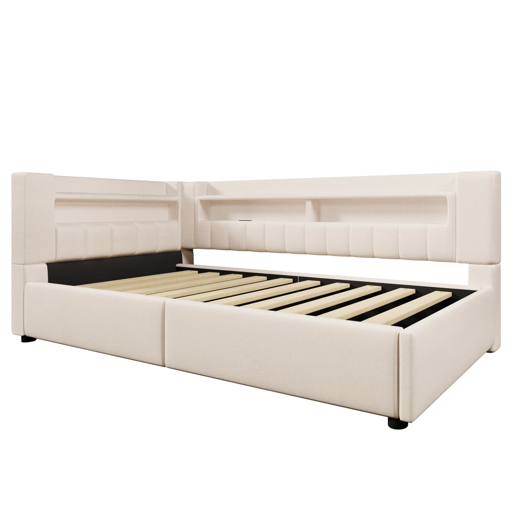 Letto divano contenitore 90x200 cm in lino beige con apertura idraulica; LED; USB e USB-C