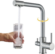 Keukenkraan a 3 viei con connessione acqua potabile & alta tensione: acciaio inox laccato, 360° girevole, rubinetto acqua potabile con 2 maniglie per cucina con doppio lavandino