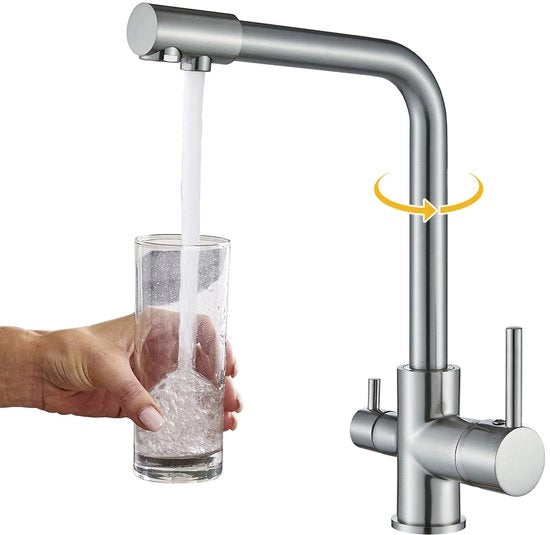 Keukenkraan a 3 viei con connessione acqua potabile & alta tensione: acciaio inox laccato, 360° girevole, rubinetto acqua potabile con 2 maniglie per cucina con doppio lavandino