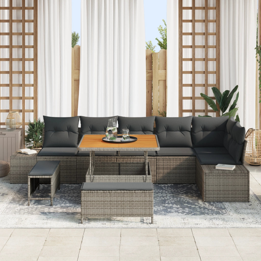 Set Divano da Giardino  9 Pezzi con Cuscini Polyrattan Grigio Acacia