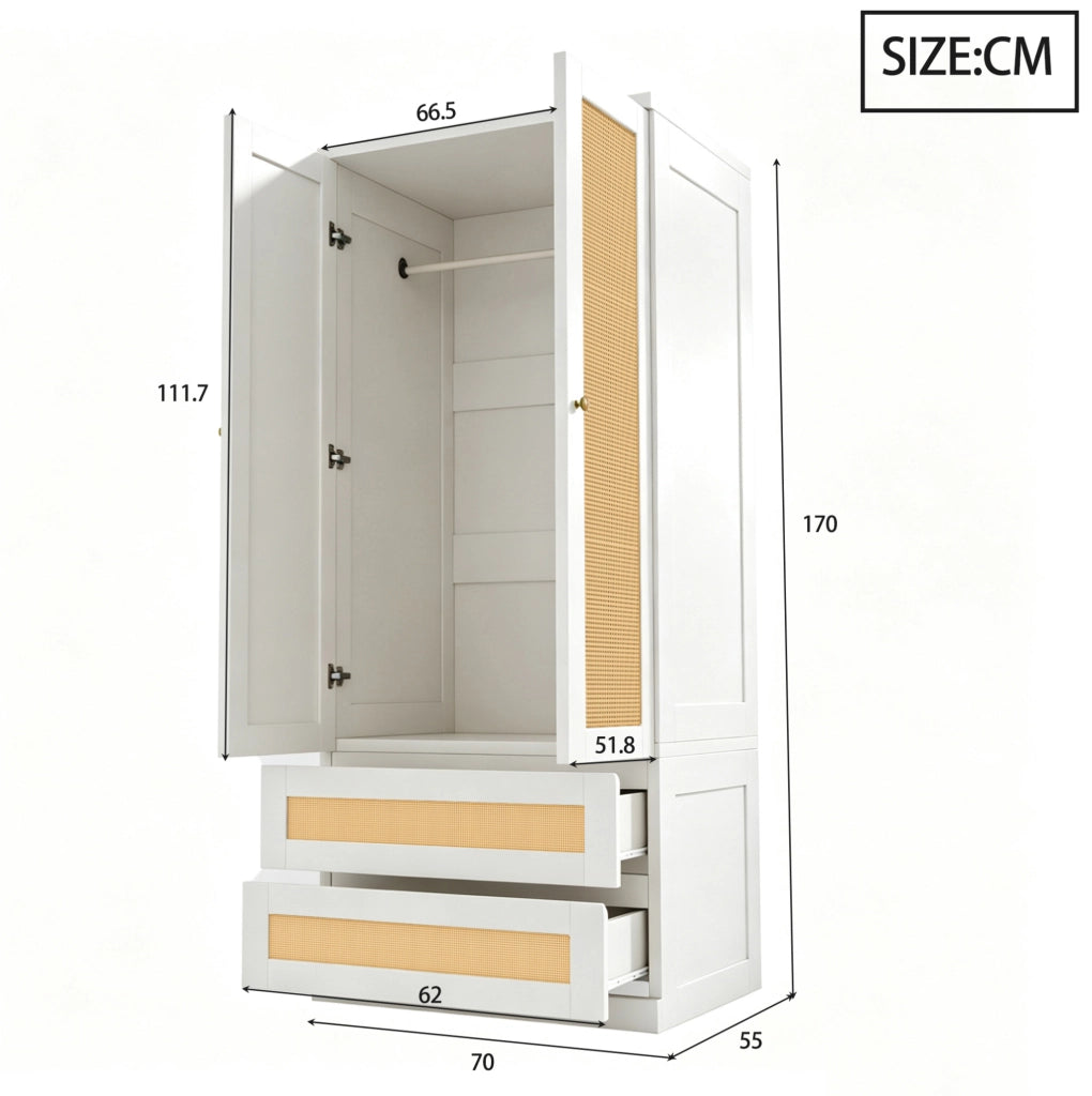 Armadio a due ante 70 x 55 x 170 cm con 2 cassetti e vano interno; bianco